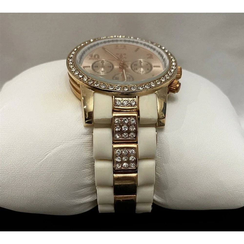 Charming Charlie Womens Rhinestone Rose Gold White Acrylic Band Watch Works